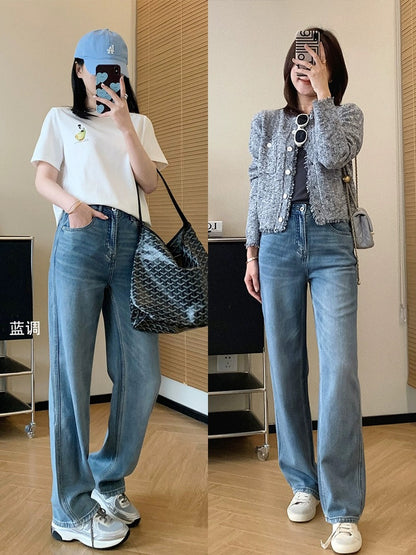Dading homemade high proportion of Tencel and Hemp! 3D pressed pleated whiskers wide leg pants for women high waist straight jeans