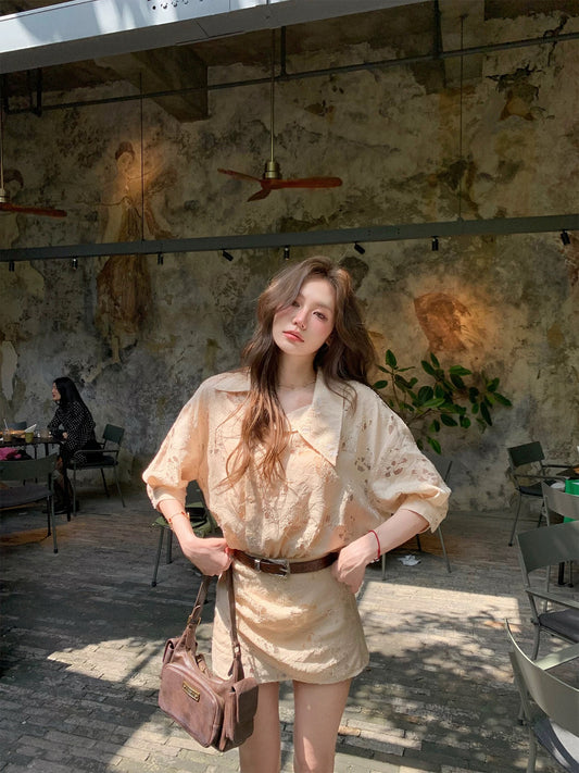 Pinky Piggy Tea Break Qianjin Feeling Apricot Embossed Wave Shirt Dress Summer Short Skirt