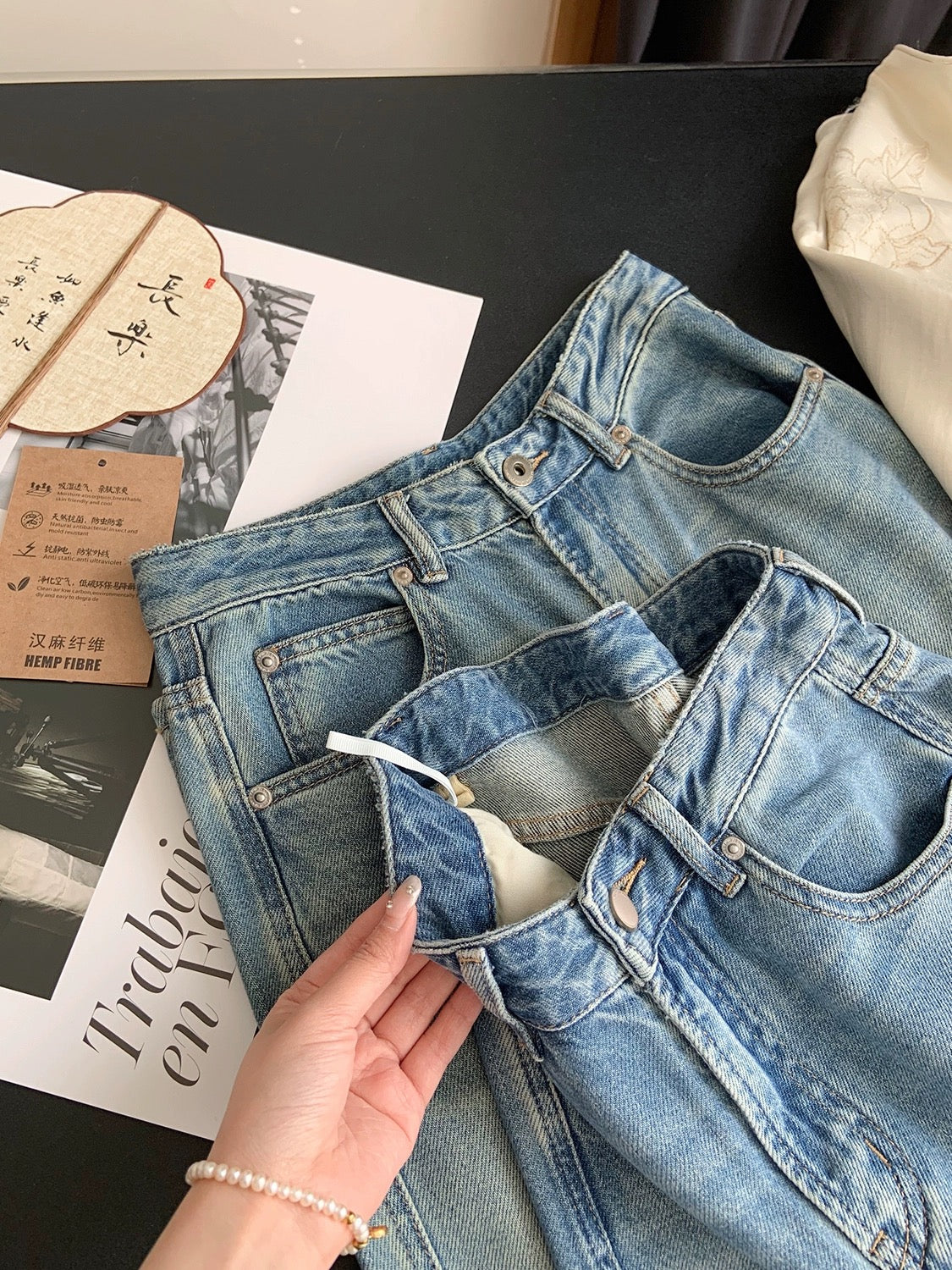 Dading homemade high proportion of Tencel and Hemp! 3D pressed pleated whiskers wide leg pants for women high waist straight jeans