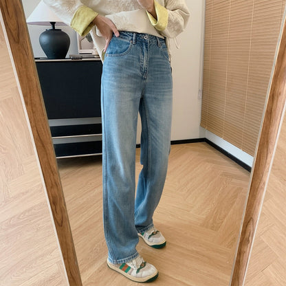 Dading homemade high proportion of Tencel and Hemp! 3D pressed pleated whiskers wide leg pants for women high waist straight jeans