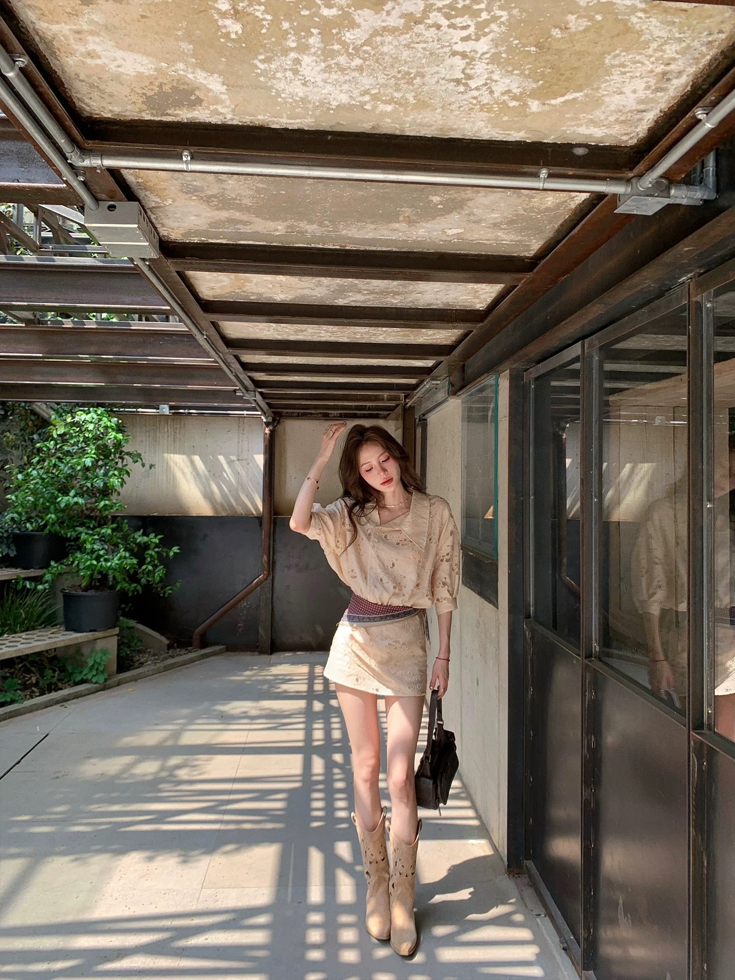 Pinky Piggy Tea Break Qianjin Feeling Apricot Embossed Wave Shirt Dress Summer Short Skirt