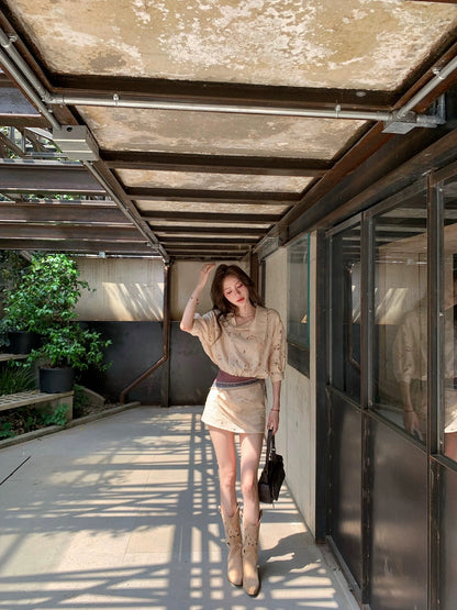 Pinky Piggy Tea Break Qianjin Feeling Apricot Embossed Wave Shirt Dress Summer Short Skirt