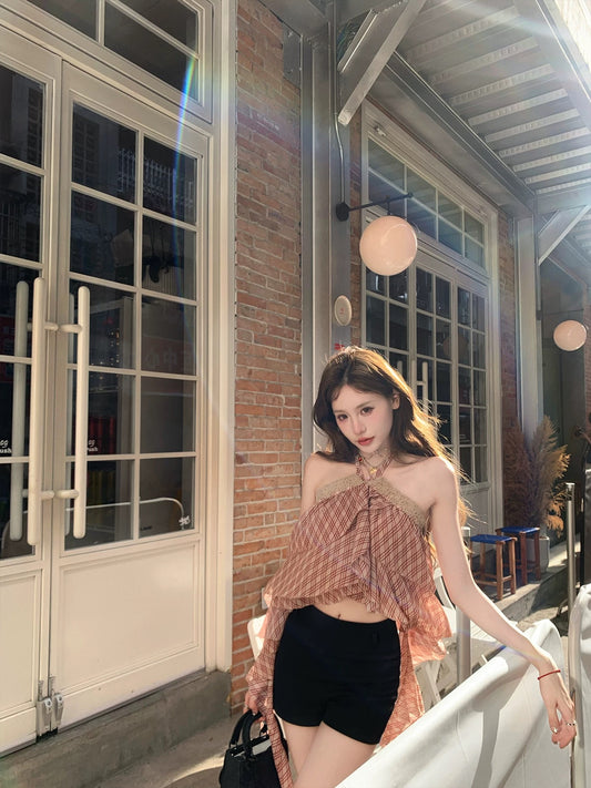 Pinky piggy summer preview design sense two color irregular ribbon strap halter neck top summer