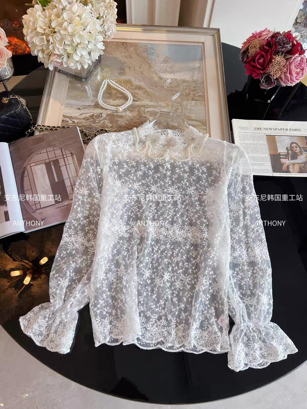 Women's French-style lace mock-neck long-sleeve base layer top – 2026 Autumn/Winter new arrival; a chic, sophisticated, and stylish piece.