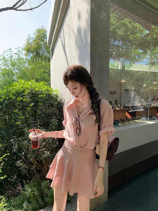 Ba Gai Pinky Piggy Roman Relaxation Holiday Style Pink Breathing Linen Shirt Set High Waist Short Skirt
