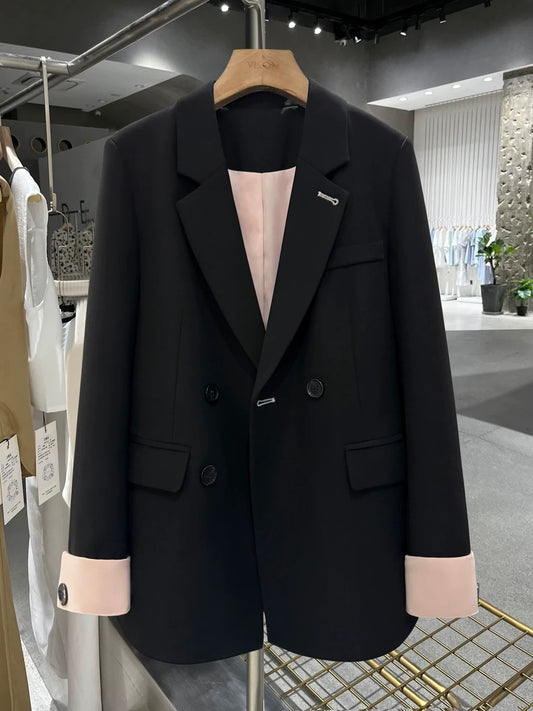 Black Casual Temperament Blazer Women's 2024 Spring New Autumn Clothes Contrast Color Stitching Commuting Fashionable Small Suit