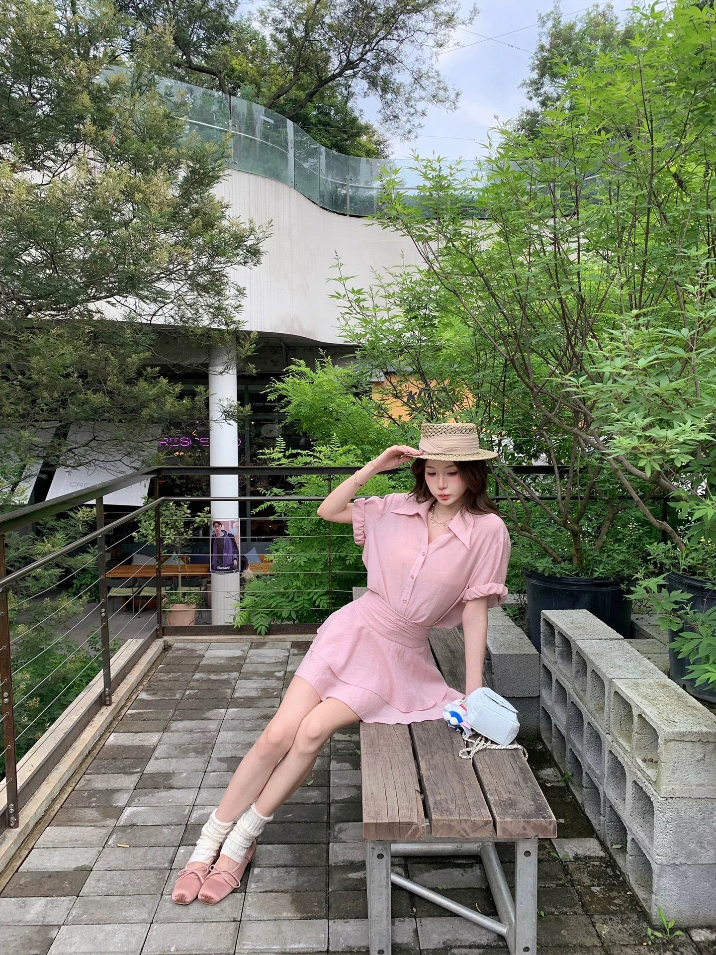 Ba Gai Pinky Piggy Roman Relaxation Holiday Style Pink Breathing Linen Shirt Set High Waist Short Skirt