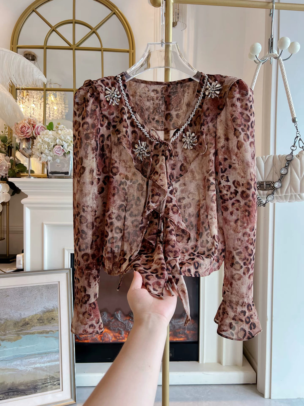 Women's Leopard Print Chiffon Blouse with Elaborate Rhinestone Embellishment – Autumn 2026 New Arrival featuring Ruffles and Long Flared Sleeves