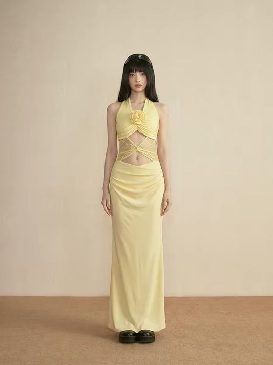 French-style yellow openwork lace halter neck dress, super beautiful for summer beach vacations, slim fit bodycon long dress