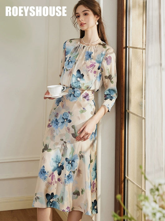 Luoyi Palace Oil Painting Satin Dress Women's 2024 Spring and Summer French Style Waist Pleated Fishtail Skirt 10264