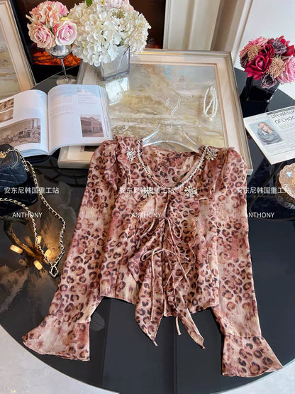 Women's Leopard Print Chiffon Blouse with Elaborate Rhinestone Embellishment – Autumn 2026 New Arrival featuring Ruffles and Long Flared Sleeves