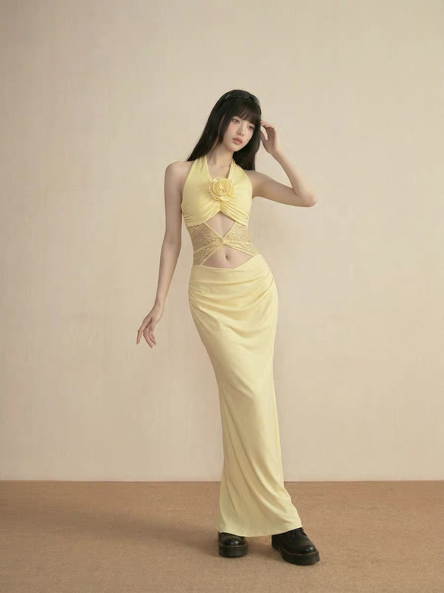 French-style yellow openwork lace halter neck dress, super beautiful for summer beach vacations, slim fit bodycon long dress