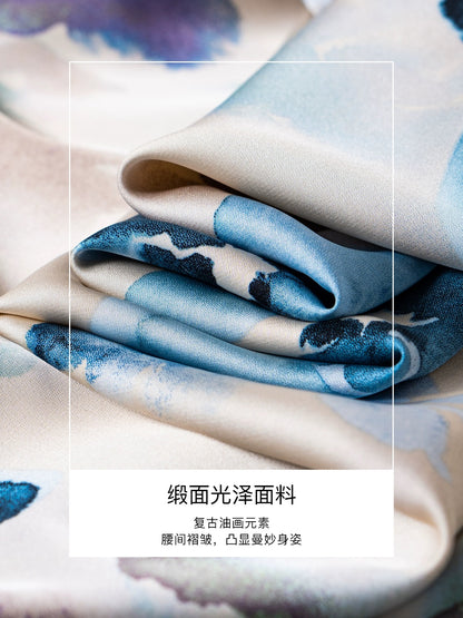 Luoyi Palace Oil Painting Satin Dress Women's 2024 Spring and Summer French Style Waist Pleated Fishtail Skirt 10264