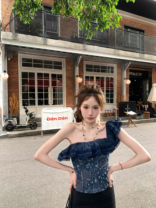 Pinky piggy Kyoto pine and cypress niche washed denim stitching cut flower sling oblique shoulder top summer