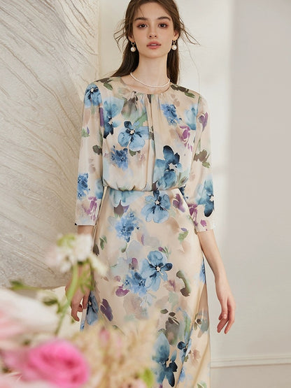 Luoyi Palace Oil Painting Satin Dress Women's 2024 Spring and Summer French Style Waist Pleated Fishtail Skirt 10264