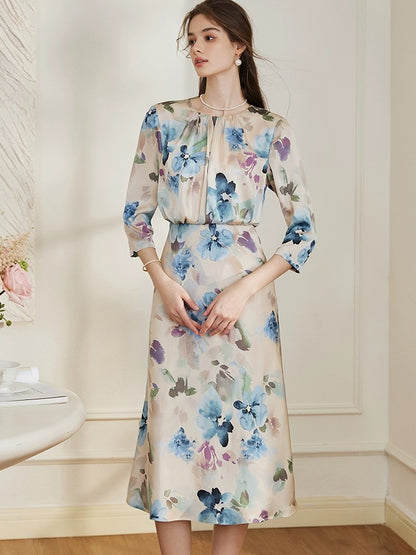 Luoyi Palace Oil Painting Satin Dress Women's 2024 Spring and Summer French Style Waist Pleated Fishtail Skirt 10264