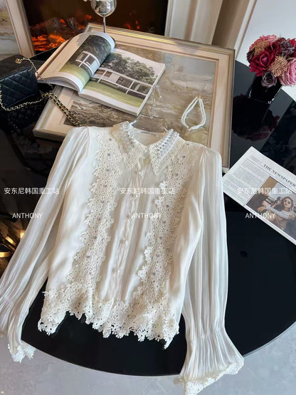 Women's Stylish Long-Sleeve Chiffon Shirt – Autumn 2026 New Arrival: Loose-Fit, Single-Breasted Design with Ruffle Details