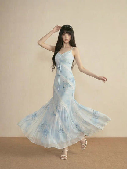French-style blue lace mesh slip dress for women, perfect for summer beach vacations, slim fit, bodycon fishtail maxi skirt.