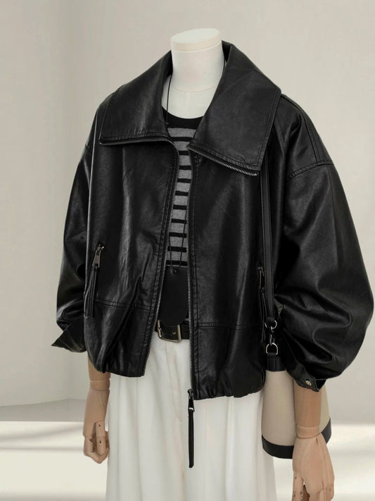 Black large lapel leather jacket women's short 2025 autumn new style popular loose slim PU leather jacket top
