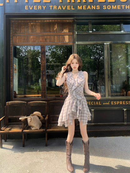 Pinky Piggy Throbbing Mist Korean plaid irregular v-neck dress waist slimming short skirt