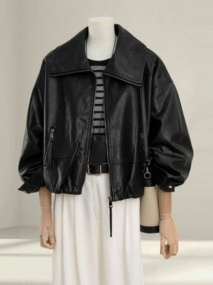 Black large lapel leather jacket women's short 2025 autumn new style popular loose slim PU leather jacket top