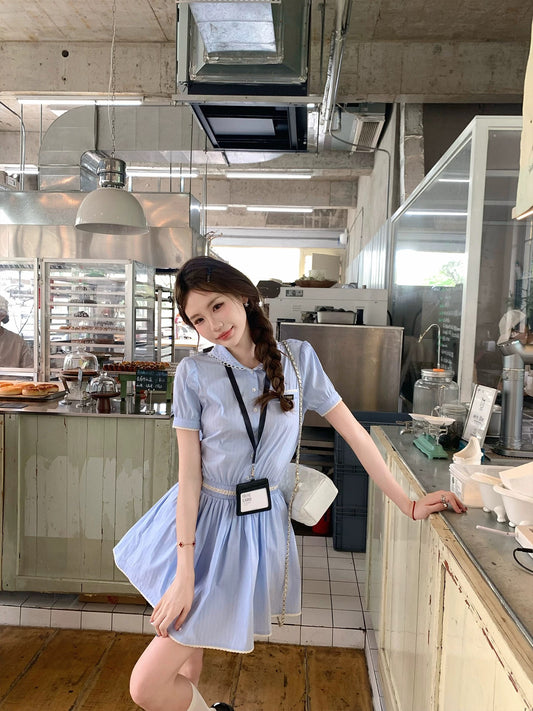Pinky Piggy Miu College College Style Girl Blue Striped Double Collar Shirt Dress