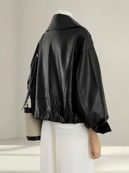 Black large lapel leather jacket women's short 2025 autumn new style popular loose slim PU leather jacket top