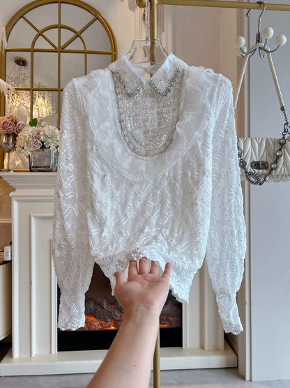 Women's Autumn/Winter 2026 Sweet White Shirt: Loose-Fit Pullover with Collar, Featuring Elaborate Rhinestone Embellishments and Lace Detailing.