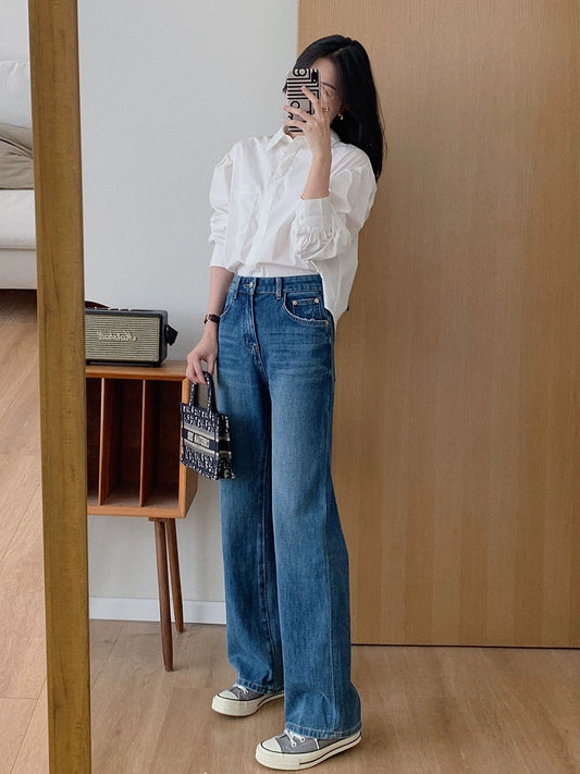 Dading's homemade boutique series! High-waisted tall and slim straight-leg jeans for women in spring and autumn, versatile drapey wide-leg pants
