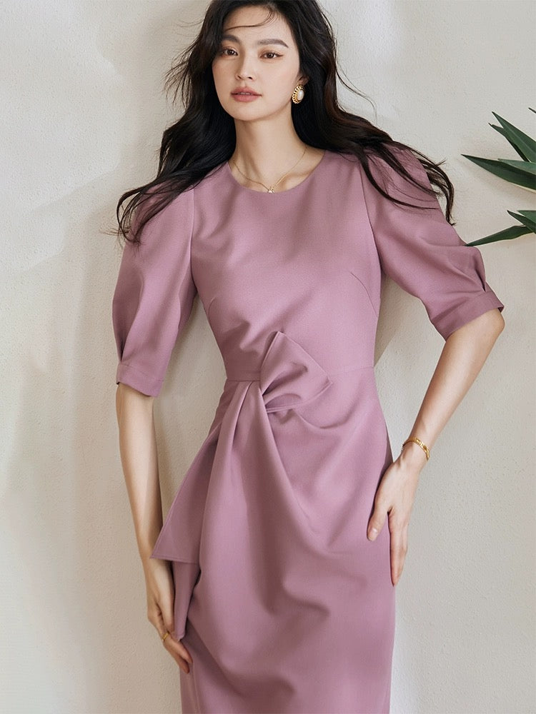 Luo Yi retro puff sleeve pleated dress 2024 summer new style temperament pink slim midi skirt 08189