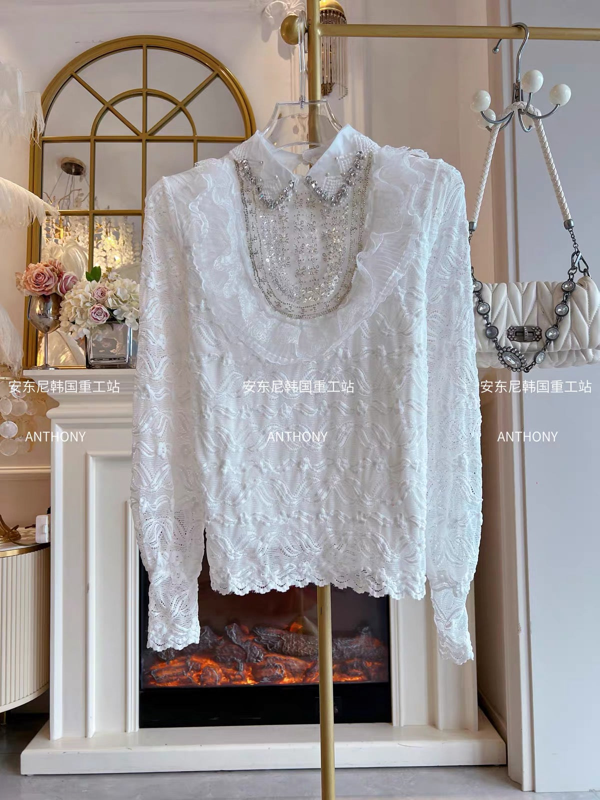 Women's Autumn/Winter 2026 Sweet White Shirt: Loose-Fit Pullover with Collar, Featuring Elaborate Rhinestone Embellishments and Lace Detailing.