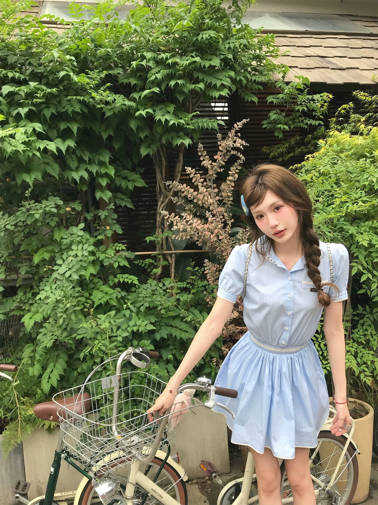 Pinky Piggy Miu College College Style Girl Blue Striped Double Collar Shirt Dress