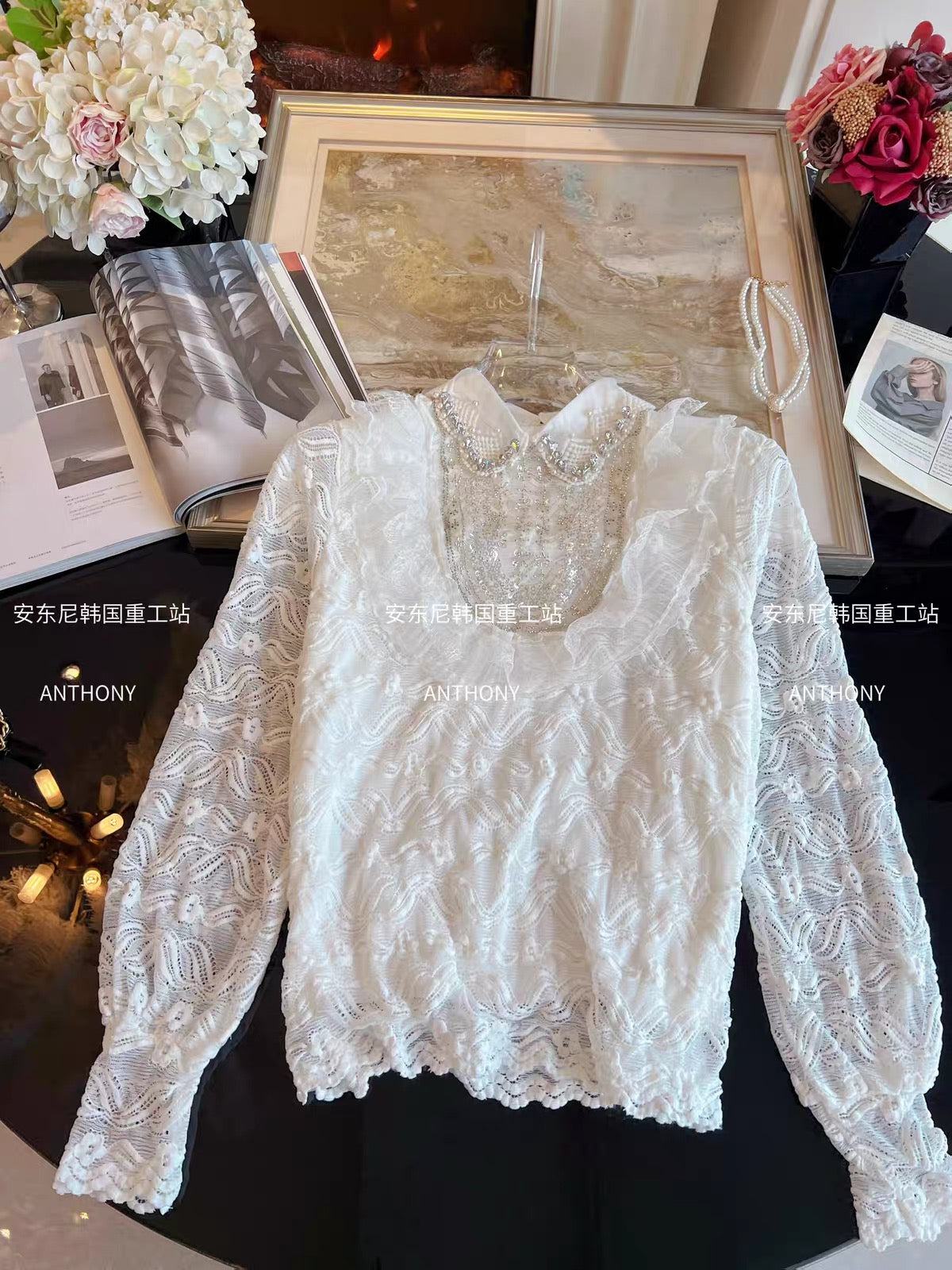 Women's Autumn/Winter 2026 Sweet White Shirt: Loose-Fit Pullover with Collar, Featuring Elaborate Rhinestone Embellishments and Lace Detailing.
