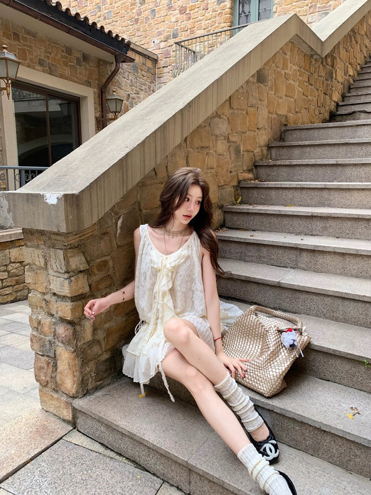 Pinky Piggy Dream Catcher Lace Embroidery Ribbon Top Suit Women Irregular Layered Skirt