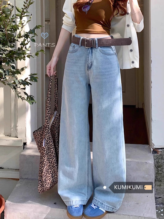 Kumikumi retro washed blue wide-leg jeans for women spring versatile loose straight pants high waist mopping pants