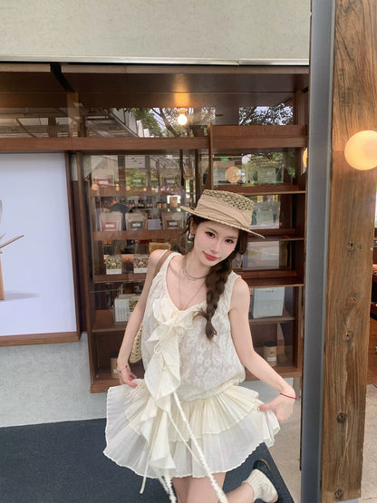 Pinky Piggy Dream Catcher Lace Embroidery Ribbon Top Suit Women Irregular Layered Skirt
