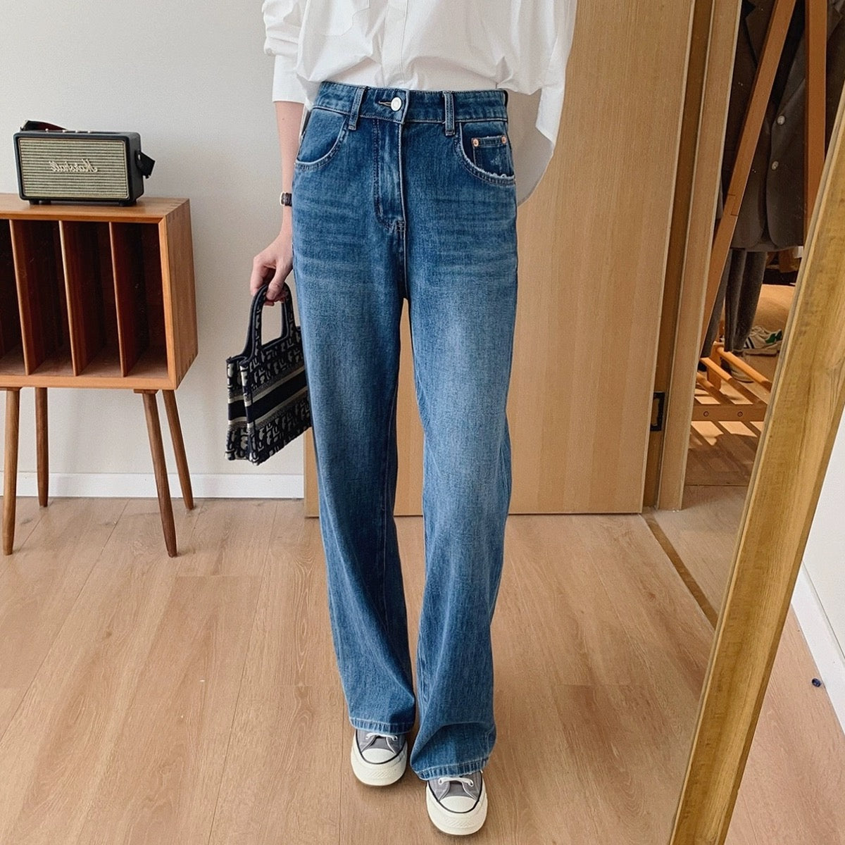 Dading's homemade boutique series! High-waisted tall and slim straight-leg jeans for women in spring and autumn, versatile drapey wide-leg pants