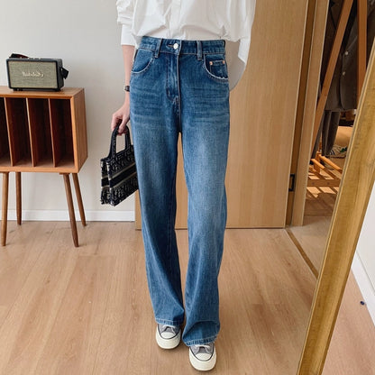 Dading's homemade boutique series! High-waisted tall and slim straight-leg jeans for women in spring and autumn, versatile drapey wide-leg pants
