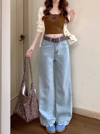 Kumikumi retro washed blue wide-leg jeans for women spring versatile loose straight pants high waist mopping pants