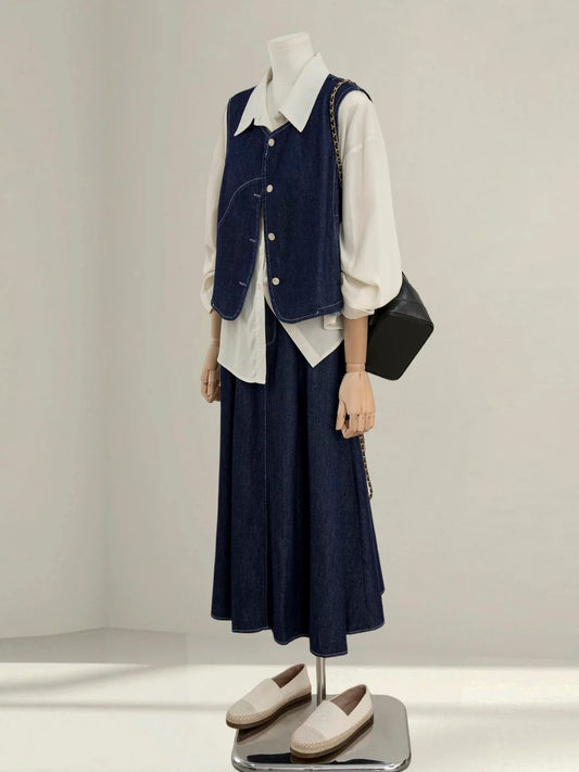 Korean style super good-looking denim suit for women 2025 autumn new style stylish age-reducing vest shirt skirt three-piece suit