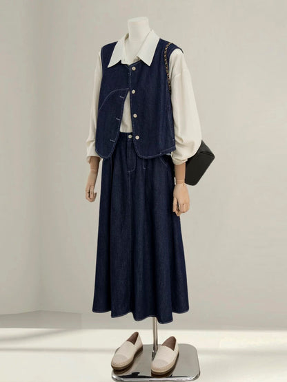 Korean style super good-looking denim suit for women 2025 autumn new style stylish age-reducing vest shirt skirt three-piece suit