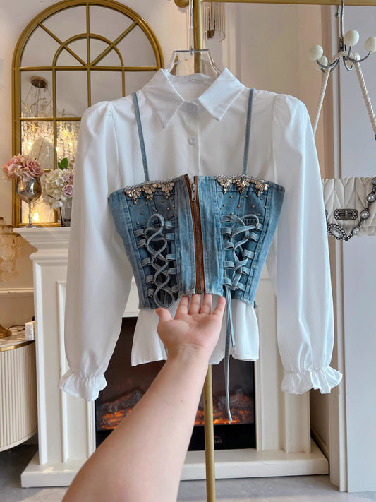 Women's Fall/Winter 2026 Set: White Shirt and Irregular-Hem Slim-Fit Denim Camisole Featuring Elaborate Rhinestone Embellishments and Lace-Up Detailing.
