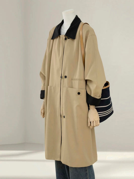 Design contrast khaki trench coat women 2025 autumn new loose casual mid-length women's coat