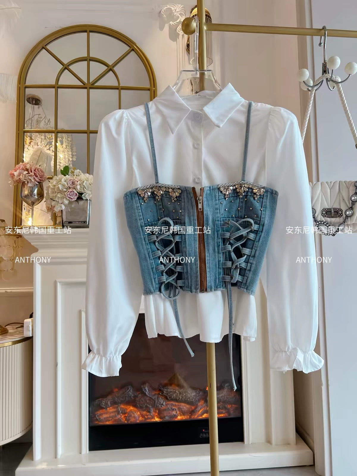 Women's Fall/Winter 2026 Set: White Shirt and Irregular-Hem Slim-Fit Denim Camisole Featuring Elaborate Rhinestone Embellishments and Lace-Up Detailing.