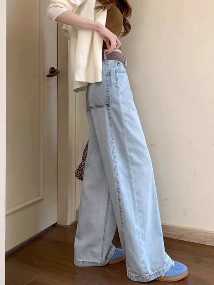 Kumikumi retro washed blue wide-leg jeans for women spring versatile loose straight pants high waist mopping pants