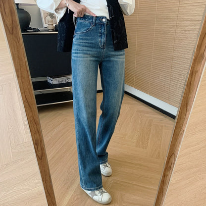 Dading's homemade boutique series! High-waisted tall and slim straight-leg jeans for women in spring and autumn, versatile drapey wide-leg pants