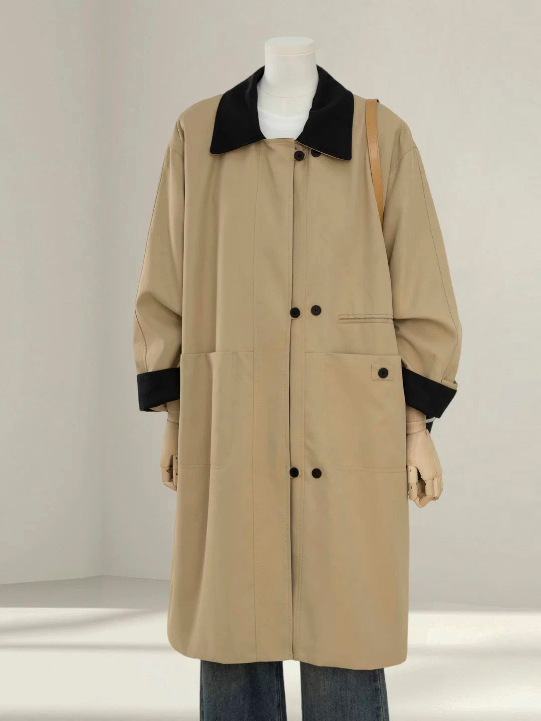 Design contrast khaki trench coat women 2025 autumn new loose casual mid-length women's coat