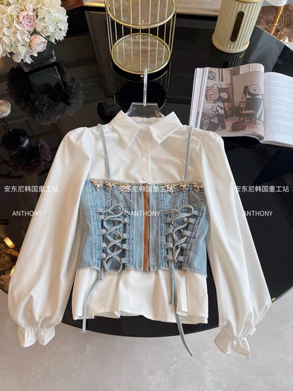 Women's Fall/Winter 2026 Set: White Shirt and Irregular-Hem Slim-Fit Denim Camisole Featuring Elaborate Rhinestone Embellishments and Lace-Up Detailing.