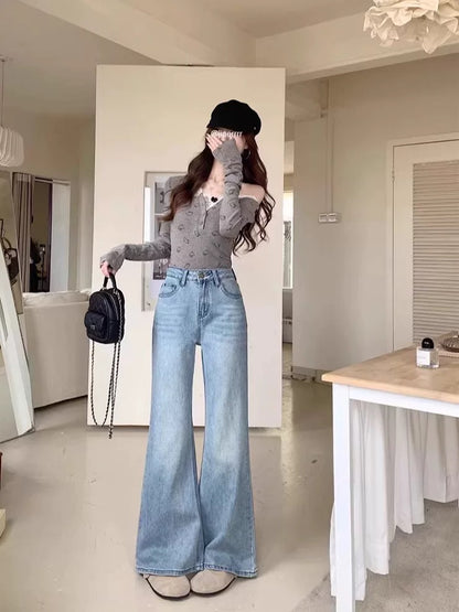 Kumikumi retro blue jeans women's spring high waist slim mopping pants trousers versatile loose wide-leg pants