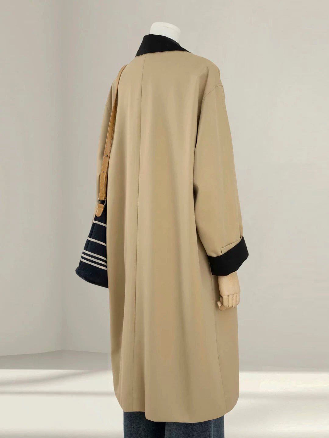 Design contrast khaki trench coat women 2025 autumn new loose casual mid-length women's coat